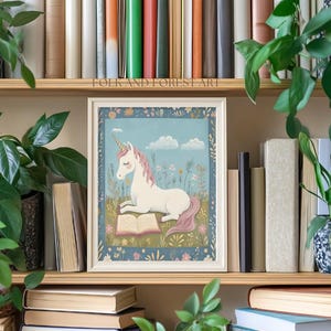 Unicorn Reading Art Print, Whimsical Unicorn Nursery Decor, Storybook Fantasy Wall Art, Cottagecore Kids Room Printable, Fairytale Animal image 4