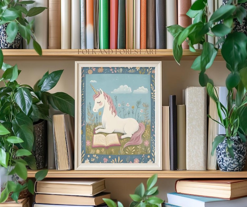 Unicorn Reading Art Print, Whimsical Unicorn Nursery Decor, Storybook Fantasy Wall Art, Cottagecore Kids Room Printable, Fairytale Animal image 4
