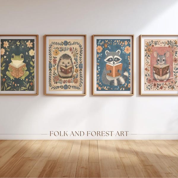 Set di stampe di lettura di animali del bosco / Arte murale per la cameretta dei bambini con libri di fiabe stravaganti / Download digitale