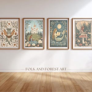 May include: Four framed art prints with whimsical illustrations. The prints depict a dragon reading a book, a woman reading near a castle, a mermaid reading under a moon, and a fairy on a mushroom. The text "FOLK AND FOREST ART" is below the prints.
