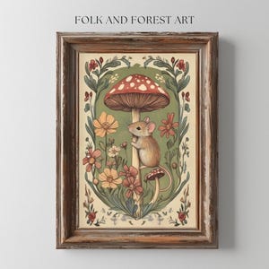 Woodland Mouse and Toadstool | Folk Art Printable | Cottagecore Digital Download | Vintage Nursery Illustration | Multiple Sizes Included