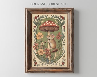 Woodland Mouse and Toadstool | Folk Art Printable | Cottagecore Digital Download | Vintage Nursery Illustration | Multiple Sizes Included