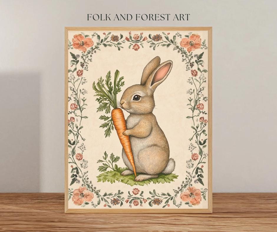 Vintage Spring Bunny Print | Folk Art Digital Download | Cottagecore Easter Rabbit Illustration | Multiple Sizes Included