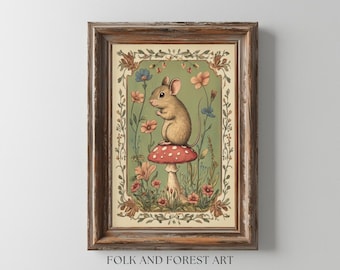 Woodland Mouse on Mushroom | Vintage-Inspired Folk Art | Digital Download Print | Cottagecore Animal Illustration | Multiple Sizes Included
