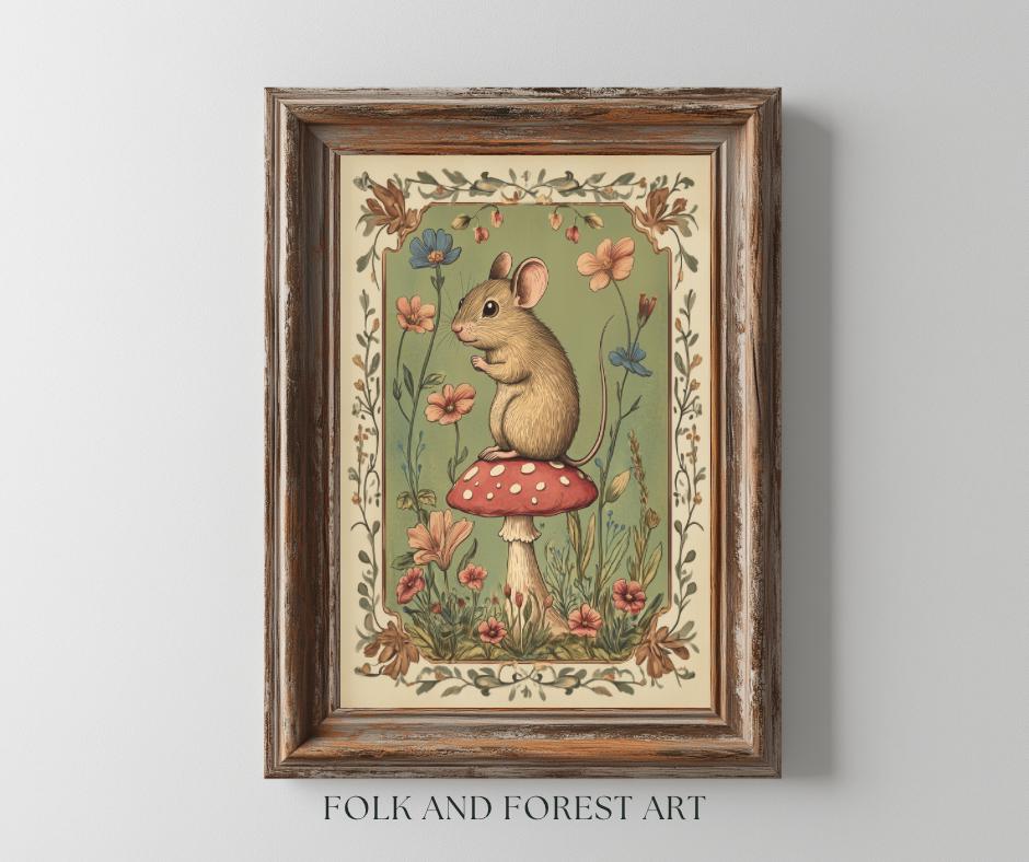 Waldmaus auf Pilz | Vintage-inspirierte Volkskunst | Digitaler Download Druck | Cottagecore Illustration | Mehrere Größen enthalten