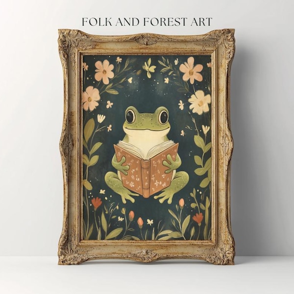 Whimsical Reading Frog Art | Cottagecore Printable | Book Lover Wall Art | Folk Art Digital Download | Multiple Sizes Included