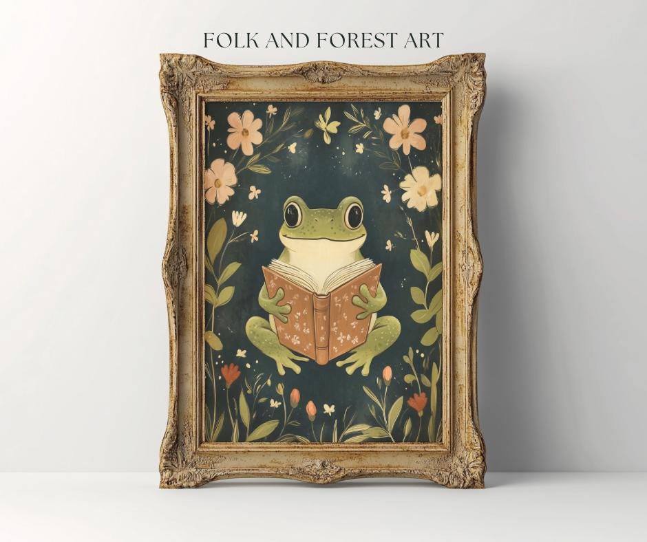 Whimsical Reading Frog Art | Cottagecore Printable | Book Lover Wall Art | Folk Art Digital Download | Multiple Sizes Included