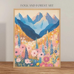 Vibrant Wildflower Mountain Landscape | Folk Art Watercolor Digital Download | Colorful Nature Print | Multiple Sizes Included