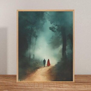 May include: A couple walks hand-in-hand down a path in a misty forest. The man is wearing a dark suit and the woman is wearing a red dress. The trees are tall and the fog is thick, creating a mysterious and romantic atmosphere.
