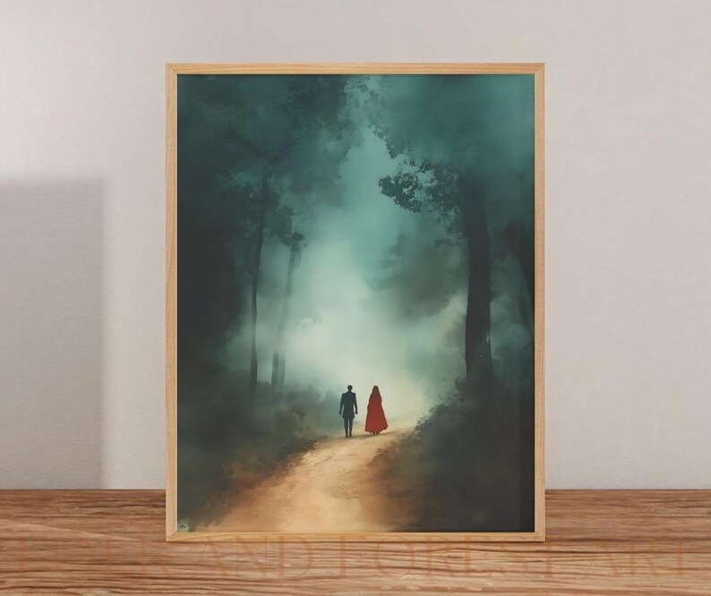 May include: A couple walks hand-in-hand down a path in a misty forest. The man is wearing a dark suit and the woman is wearing a red dress. The trees are tall and the fog is thick, creating a mysterious and romantic atmosphere.
