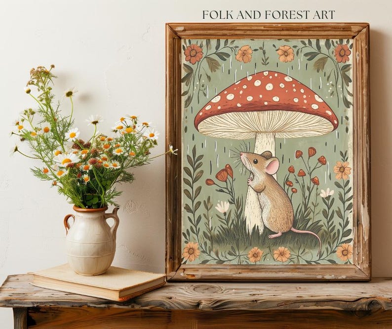 Puede incluir: L&aacute;mina art&iacute;stica enmarcada con una ilustraci&oacute;n caprichosa de un rat&oacute;n bajo una seta roja y blanca. La obra de arte est&aacute; rodeada de elementos florales y el texto "FOLK AND FOREST ART". La paleta de colores incluye tonos verdes, marrones y naranjas.