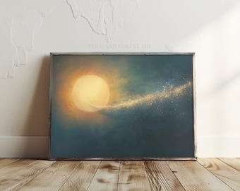 Arte mural de luz cósmica dorada, lámina abstracta de fenómeno espacial, decoración de galaxia de ciencia ficción, obra de arte de energía celestial, lámina espacial moderna para imprimir