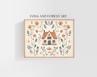 Whimsical Cottage with Florals Digital Download | Folk Art Illustration | Cozy Scandinavian Inspired Printable | Multiple Sizes Included