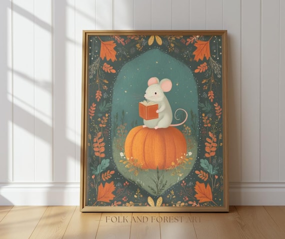 Reading Mouse on Pumpkin Art Print – Whimsical Fall Animal Decor, Cozy Autumn Folk Art Illustration, Digital Download for Nursery & Seasonal
