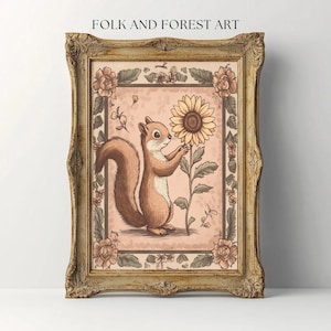 May include: A framed illustration of a squirrel holding a sunflower in its paws. The illustration is in a vintage style with a light pink background and floral border. The text "FOLK AND FOREST ART" is at the top of the frame.