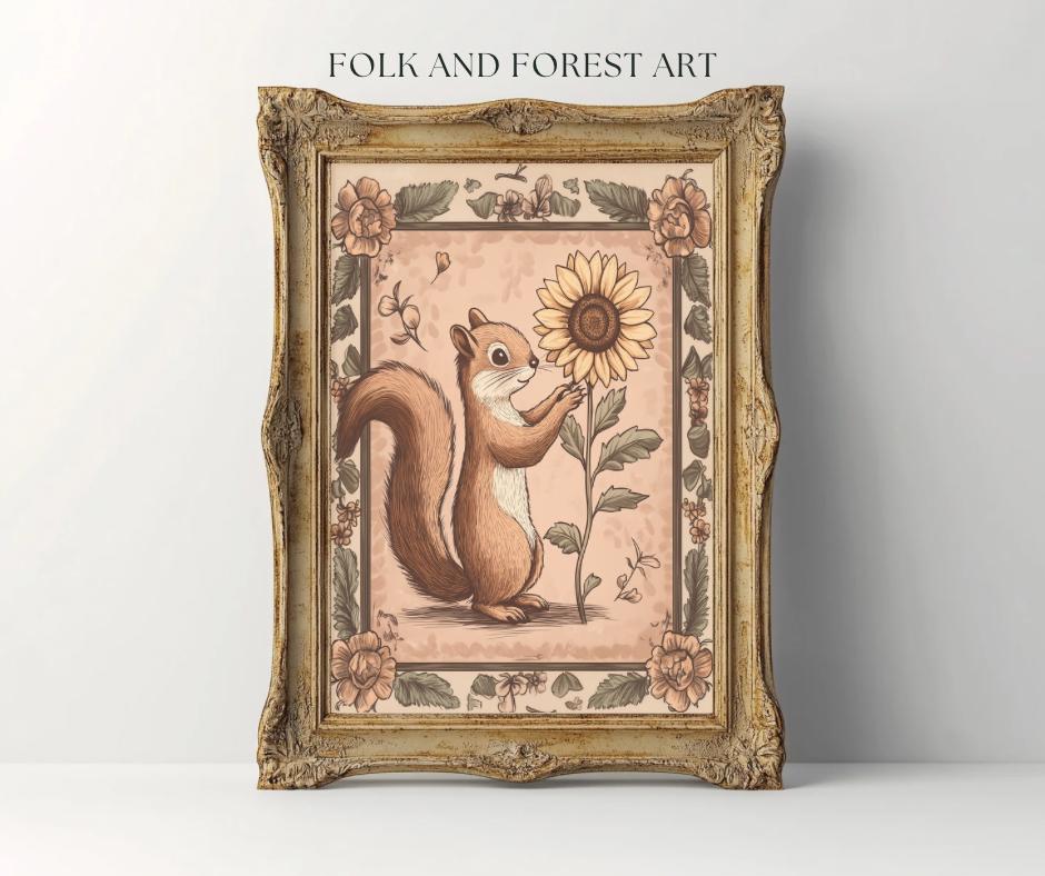Whimsical Squirrel & Sunflower Folk Art Print | Woodland Animal Digital Download | Cottagecore Botanical Wall Art | Multiple Sizes Included