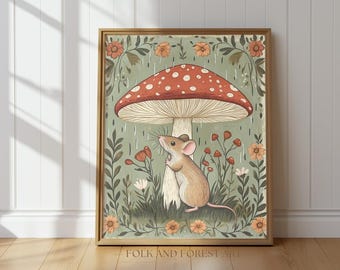 Rainy Day Mouse Wall Art – Whimsical Folk Art Printable, Mushroom Nursery Decor, Cottagecore Mouse Print, Woodland Animal Digital Download