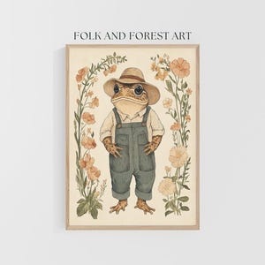 May include: A watercolor illustration of a toad wearing a straw hat and overalls standing in a field of flowers. The toad is brown with green eyes and a wide smile. The flowers are pink and white.