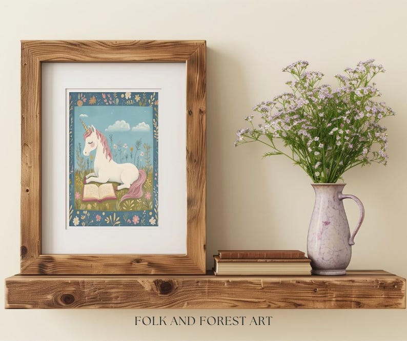 Unicorn Reading Art Print, Whimsical Unicorn Nursery Decor, Storybook Fantasy Wall Art, Cottagecore Kids Room Printable, Fairytale Animal image 8