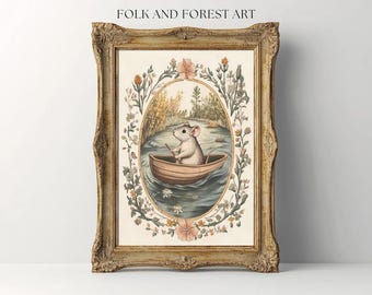 Rowing Mouse Folk Art | Cottagecore Digital Download | Whimsical Animal Nursery Decor | Multiple Sizes Included