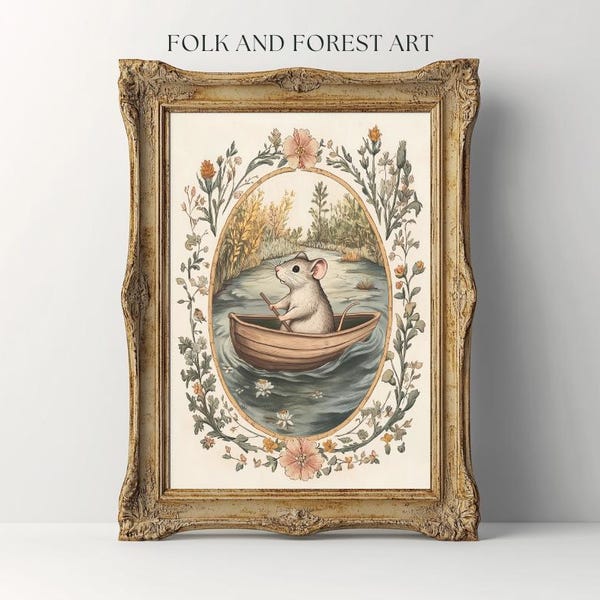 Rowing Mouse Folk Art | Cottagecore Digital Download | Whimsical Animal Nursery Decor | Multiple Sizes Included