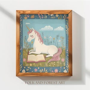 Unicorn Reading Art Print, Whimsical Unicorn Nursery Decor, Storybook Fantasy Wall Art, Cottagecore Kids Room Printable, Fairytale Animal image 10