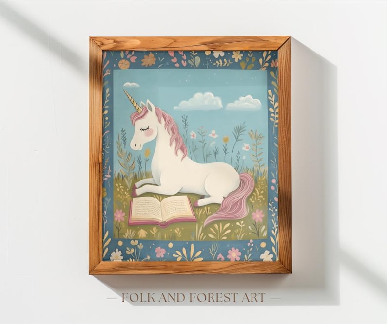 Unicorn Reading Art Print, Whimsical Unicorn Nursery Decor, Storybook Fantasy Wall Art, Cottagecore Kids Room Printable, Fairytale Animal image 10