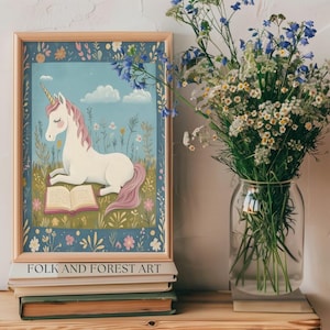 Unicorn Reading Art Print, Whimsical Unicorn Nursery Decor, Storybook Fantasy Wall Art, Cottagecore Kids Room Printable, Fairytale Animal image 9