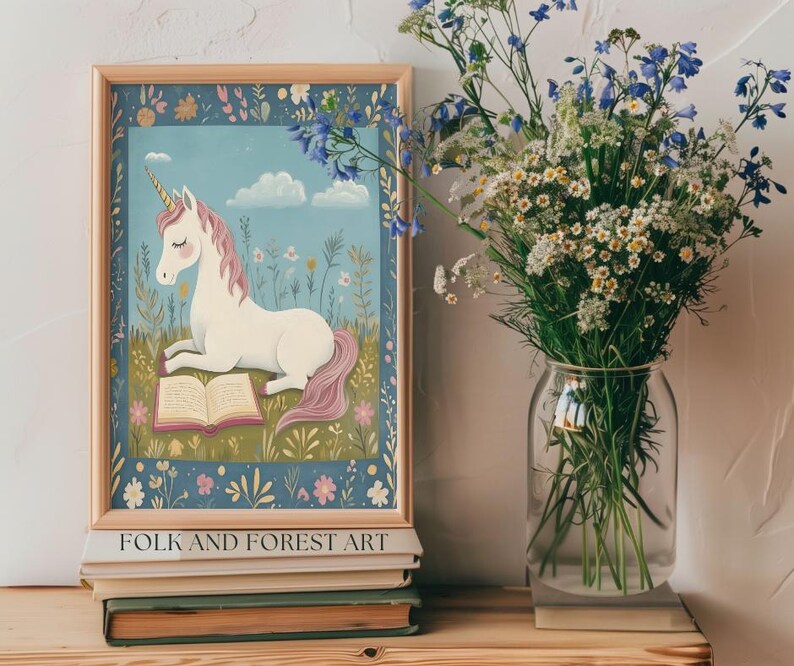 Unicorn Reading Art Print, Whimsical Unicorn Nursery Decor, Storybook Fantasy Wall Art, Cottagecore Kids Room Printable, Fairytale Animal image 9