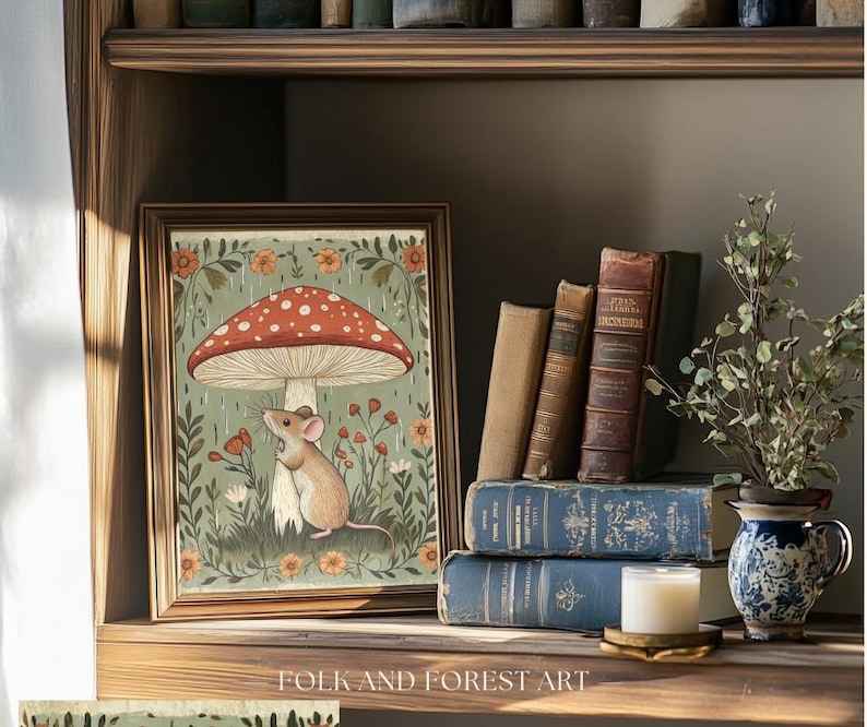 Puede incluir: Una impresi&oacute;n art&iacute;stica enmarcada que presenta un rat&oacute;n bajo una seta roja y blanca, rodeado de flores. La obra de arte se exhibe en una estanter&iacute;a de madera con libros antiguos, una vela y un jarr&oacute;n decorativo. La impresi&oacute;n est&aacute; etiquetada como "Folk and Forest Art".