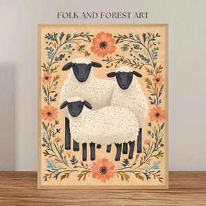 Three Spring Sheep Art Print | Folk Art Digital Download | Rustic Farmhouse Lamb Wall Decor | Multiple Sizes Included