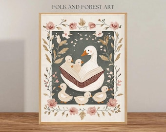 Reading Goose & Goslings | Folk Art Print Digital Download | Whimsical Nursery Wall Decor | Multiple Sizes Included