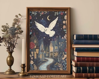 Arte mural imprimible de búho mágico: un búho volador caprichoso bajo la luz de la luna. Decoración infantil para una noche de cuentos. Descarga digital para amantes de la lectura.