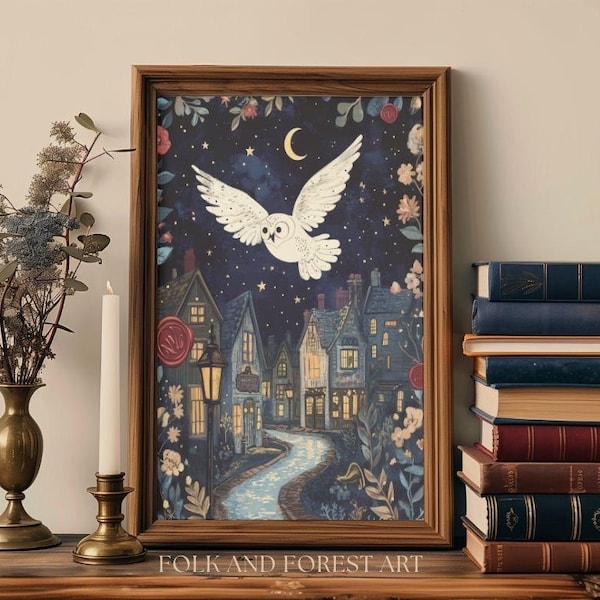 Magische Eulen Wand Kunst zum Ausdrucken – Märchenhafte fliegende Eule im Mondschein – Märchenbuch Nacht Kinderzimmer Dekor – Digitaler Download für Bücherliebende