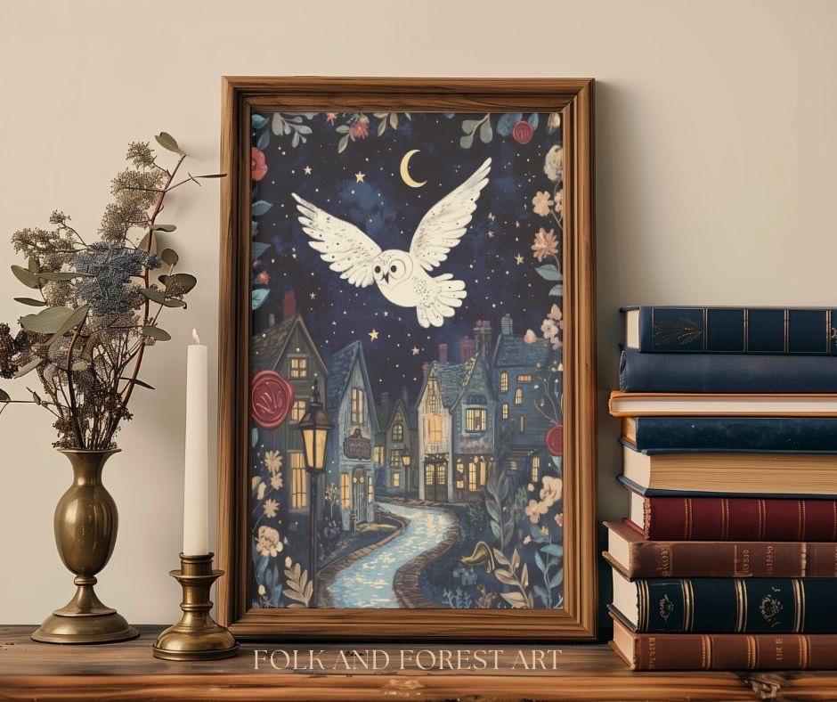 Magical Owl Wall Art Printable – Whimsical Flying Owl in Moonlight – Storybook Night Nur