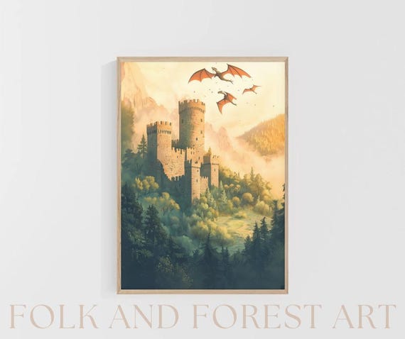 Stone Fortress with Dragons | Fourth Wing-Inspired Folk Art Digital Download | Multiple Aspect Ratios | Multiple Sizes Included