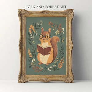 May include: A framed illustration of a squirrel wearing glasses and reading a book. The squirrel is surrounded by flowers and leaves in shades of green, brown, and yellow. The text "FOLK AND FOREST ART" is at the top of the frame.