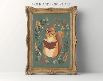 May include: A framed illustration of a squirrel wearing glasses and reading a book. The squirrel is surrounded by flowers and leaves in shades of green, brown, and yellow. The text "FOLK AND FOREST ART" is at the top of the frame.