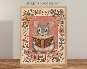 Ratón lector caprichoso / Arte popular imprimible / Ilustración animal de estilo cottagecore de inspiración vintage / Descarga digital / Incluye varios tamaños