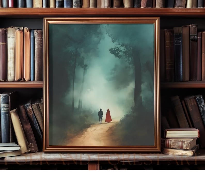 May include: A painting of a man and woman walking down a path in a foggy forest. The man is wearing a dark coat and the woman is wearing a red cloak.