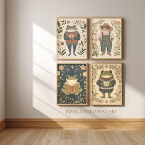 Cozy Frog Wall Art Bundle | Whimsical Animal Prints for Nursery or Home | Printable Frog Art in Sweaters & Overalls | Folk Art Nature Decor
