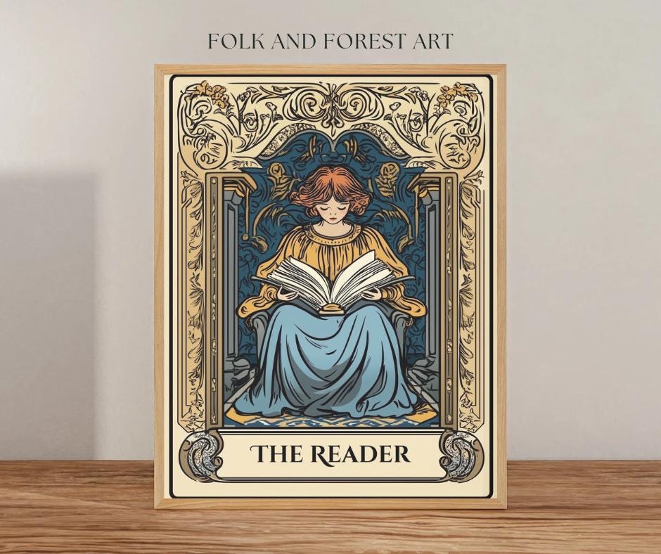 The Reader Digital Download | Tarot-Inspired Art Nouveau Print | Bookish Wall Art | Tropes in Tarot Series | Multiple Sizes Included