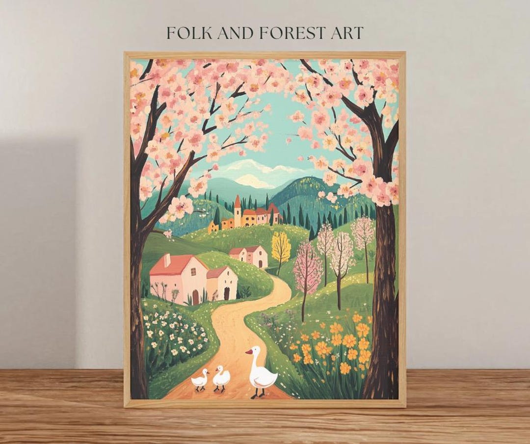 Charming Countryside Spring Landscape | Folk Art Digital Download |  Whimsical Village Print | Multiple Sizes Included - Etsy Israel, image size:1080x905