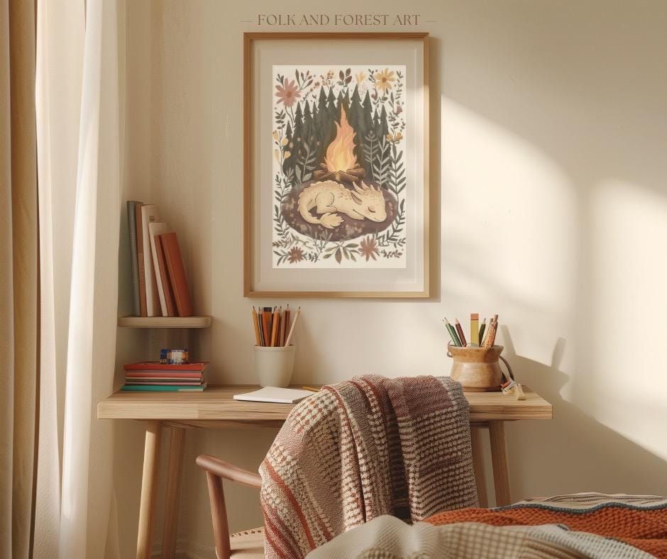 Cozy Baby Dragon Campfire Art Print – Whimsical Nursery Wall Art ...