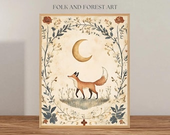 Enchanting Fox and Moon Folk Art | Digital Download | Whimsical Woodland Wall Art | Multiple Sizes Included