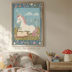 Unicorn Reading Art Print, Whimsical Unicorn Nursery Decor, Storybook Fantasy Wall Art, Cottagecore Kids Room Printable, Fairytale Animal image 15