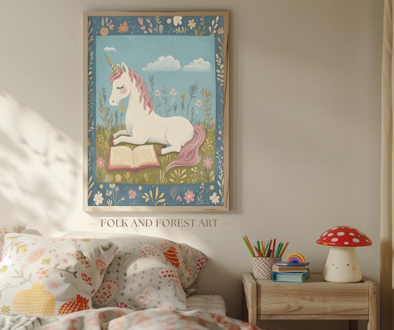Unicorn Reading Art Print, Whimsical Unicorn Nursery Decor, Storybook Fantasy Wall Art, Cottagecore Kids Room Printable, Fairytale Animal image 15