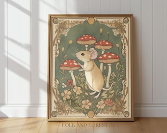 Woodland Mouse and Mushrooms Wall Art – Whimsical Folk Art Print, Cottagecore Nursery Decor, Mouse Printable Art Download