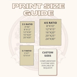 May include: A print size guide with three different aspect ratios: 2:3, 4:5, and 5:7. The guide lists various print sizes in inches for each ratio. It also mentions that custom sizes are available upon request.