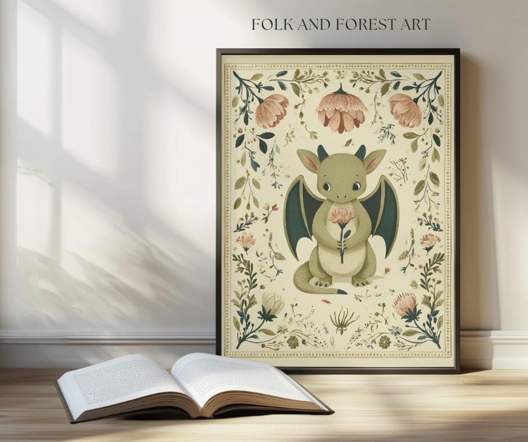 Whimsical Dragon With Flower Wall Art – Printable Nursery Dragon With ...